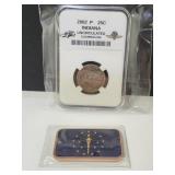 1 Oz IN Copper Bar & 2002 P UNC IN Quarter Coin