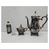 Silverplate Teapot, Creamer VTG, Bottle & Shot Gls
