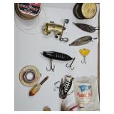 LOT Fishing Lures, Mini Reel , Line, Advertising