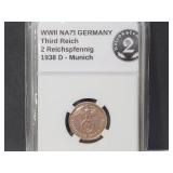 WWII 1938 D German Bronze 2 Coin VF