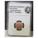 WWII 1939 F German Bronze 2 Coin VF