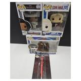 3 Funko Pops  & Funko Pop Deapool Pen