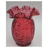 Fenton Cranberry Daffodil Art Glass Vase 8"h