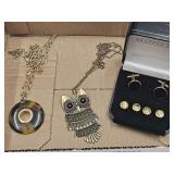 Costume Jewelry Lot, Owl Necklace, Cuff Link Set