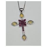 Sterling Silver Opal, Amethyst & CZ Cross Necklace