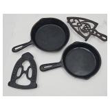 2 Cast Iron Skillets  See Sizes & 2 Trivets
