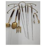 MCM Brass & Wood Serving Utensils & Bowl Holder