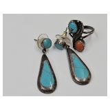 Sterling  Dangle Earrings Turquoise Coral 6.5 Ring