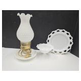 VTG Hobnail Milk Glass Dresser Lamp, Saucer & DisH