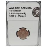 1938 D WWII Germany (2pf) Coin