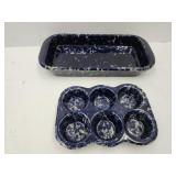 Bennington Blue Agate Baking Dish, Muffin Pan see