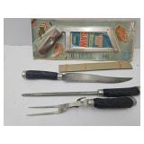 NOS Food Saw, Serving Knife & Fork Set W Sharpener