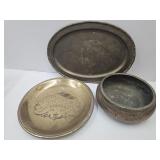 Copper Bowl 7" W, 15" W Brass Tray & Metal Plate