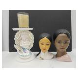 2 Japan Head Vases & Angel Candleholder