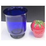 Strawberry Dish & 6.5" Cobalt Glass Planter