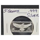 5 Grams .999 Fine Silver Eagle Bar