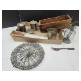 Lot of Primitives- Cheesebox, Thermometer, Jar,+