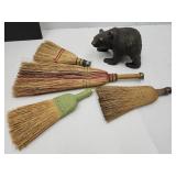 8.5" L Wood Carved Bear & Whisk Broom Lot
