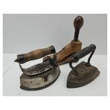 Sad Irons & Primitive Wood Shoe Cobblers Mold