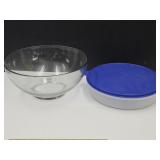 13" Wx 6" T Glass Bowl & 12" W Tupperware w/ Lid