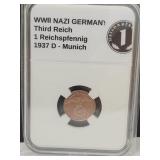 1937 D WWII Germany (1pf) Bronze Coin