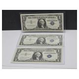 (3) 1957 Blue Seal 1 Dollar Currency Notes Crisp