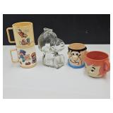 Glass Snoopy Bank & VTG kids mugs