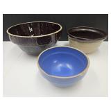 3 Stoneware Crock Bowls: Blue 1 Chiped Both 10" W
