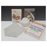 Tile Trivet, Cook Books & Tea Pot