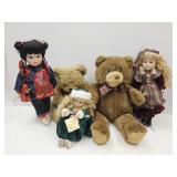 3 Porcelain Dolls,& 2 Plush Bears