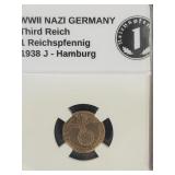 1938 J WWII Germany (1pf) Bronze Coin
