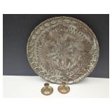 Etched Copper Tray 15.5" & Brass Candle Holders