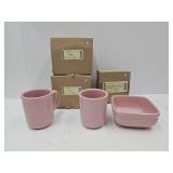 Longaberger Pink 2 Mugs & Sm Square Bowls