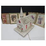 Church with Light 11 x 16" x 16" h & VTG Pictures