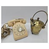 Rotary Dial Telephone & Brass Pot