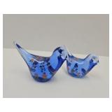 2 Cobalt Glass Birds Hand Painted