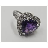 925 Sterling Silver Ring Amethyst Heart Sz 5.5