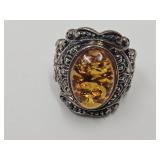 925 Sterling Silver Amber Ring Sz 5