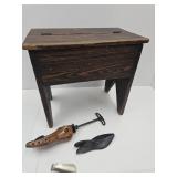 Vintage Wood Shoe Shine Stool / Box w Contents