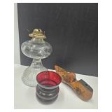 VTG Oil Lamp, Ladies Hand Painted Shoe Mold & Vase