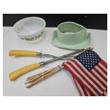 Serving Fork, Sharpener, VTG Bowl, Flags, Pottery