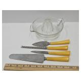VTG Bakelite Knives, Spatula & VTG Glass Juicer