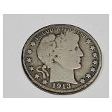1913 Silver Barber Half Dollar Coin