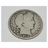 1913 S  Silver Barber Half Dollar Coin