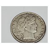 1913 D  Silver Barber Half Dollar Coin