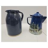 9" Stoneware Pitcher, & Blue Speckled Coffee Pot-H