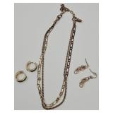 Gold Tone Necklace & 2 PR Earrings