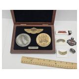 Harley Davidson Medallions W COA, Pins & Lighter