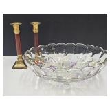 Indiana Depress Fruit Bowl & Brass Candle Holders