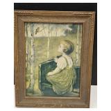 Antique Print In Wood Frame 11.5x14.5"